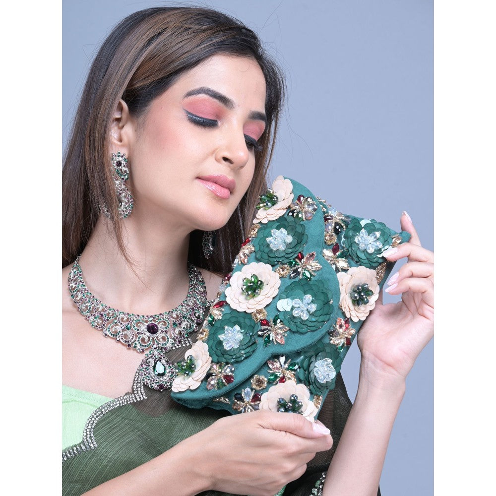 Odette Dark Green Floral Embroidered Clutch with Detachable Sling for Women (Set of 2)