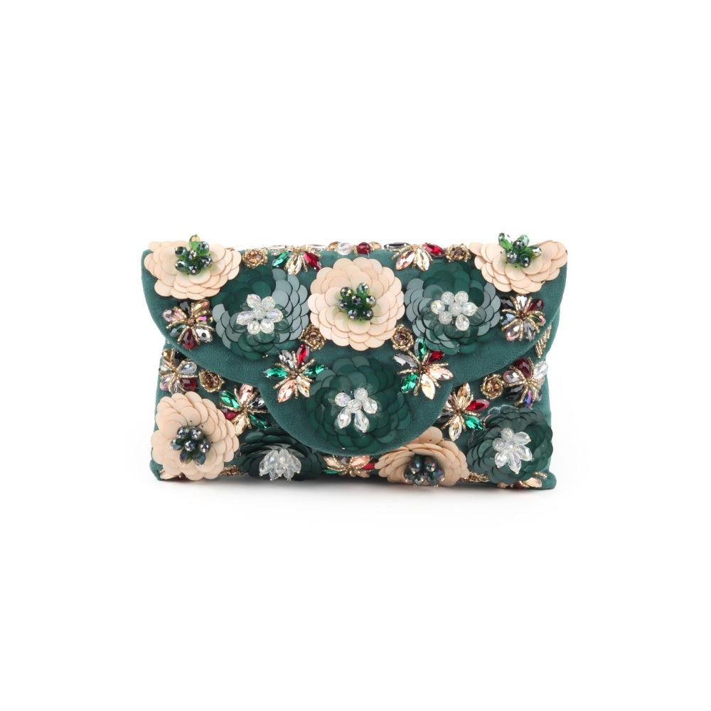 Odette Dark Green Floral Embroidered Clutch with Detachable Sling for Women (Set of 2)