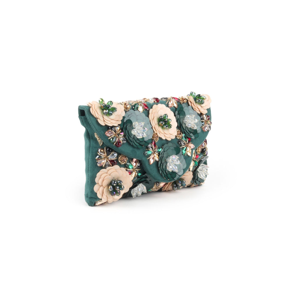 Odette Dark Green Floral Embroidered Clutch with Detachable Sling for Women (Set of 2)