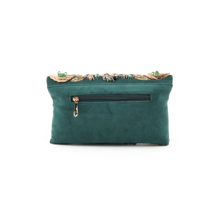 Odette Dark Green Floral Embroidered Clutch with Detachable Sling for Women (Set of 2)