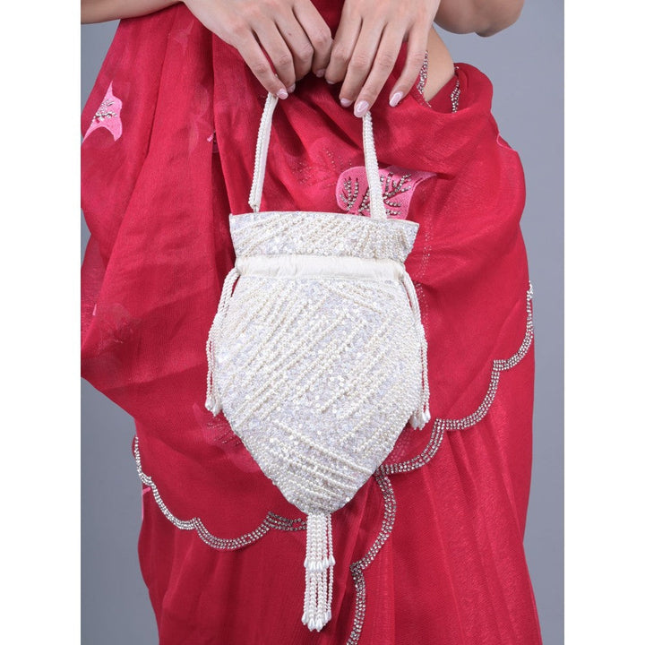 Odette Off White Pearl and Sequins Embellished Tassel Potli Bag for Women