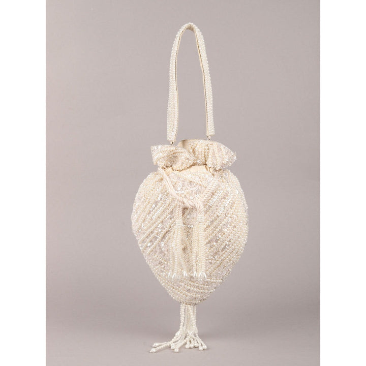 Odette Off White Pearl and Sequins Embellished Tassel Potli Bag for Women