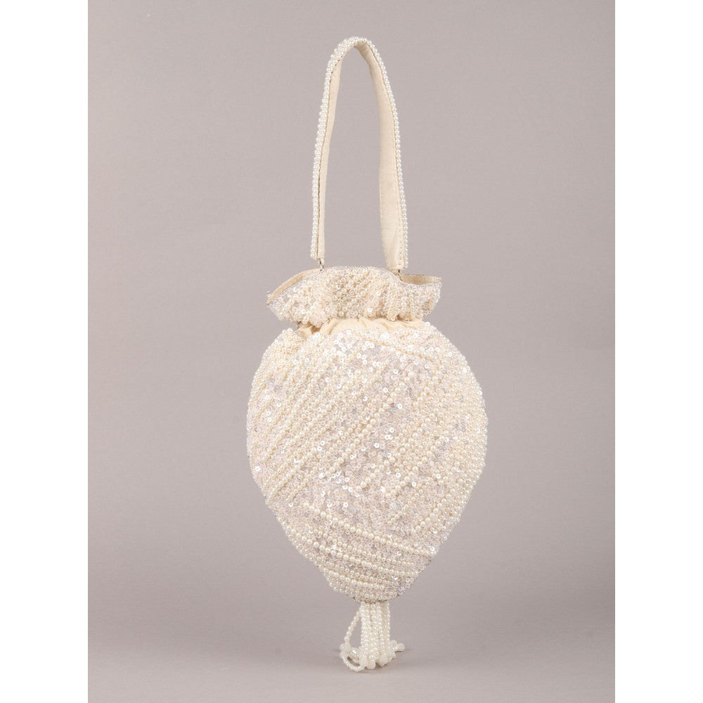 Odette Off White Pearl and Sequins Embellished Tassel Potli Bag for Women