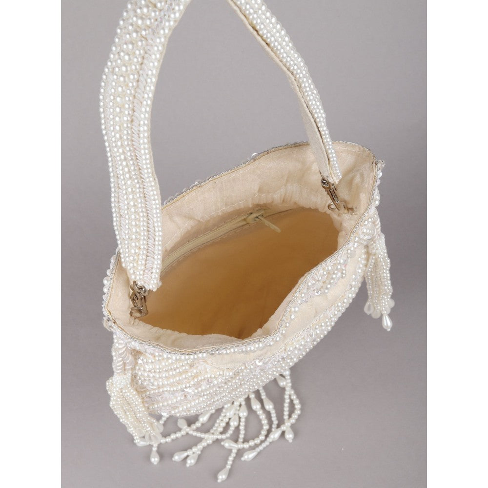 Odette Off White Pearl and Sequins Embellished Tassel Potli Bag for Women