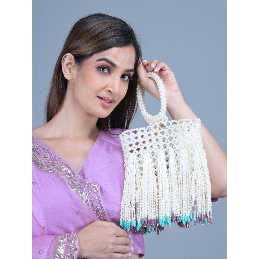 Odette White Pearls Embroidered Clutch for Women