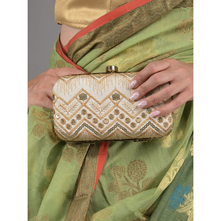 Odette Gold Embroidered Box Style Clutch with Detachable Sling for Women (Set of 2)