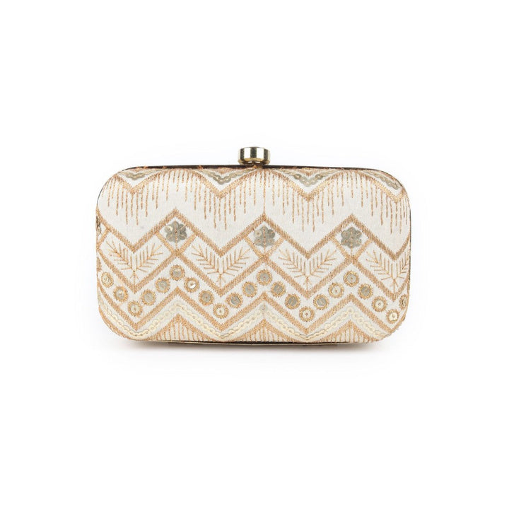 Odette Gold Embroidered Box Style Clutch with Detachable Sling for Women (Set of 2)