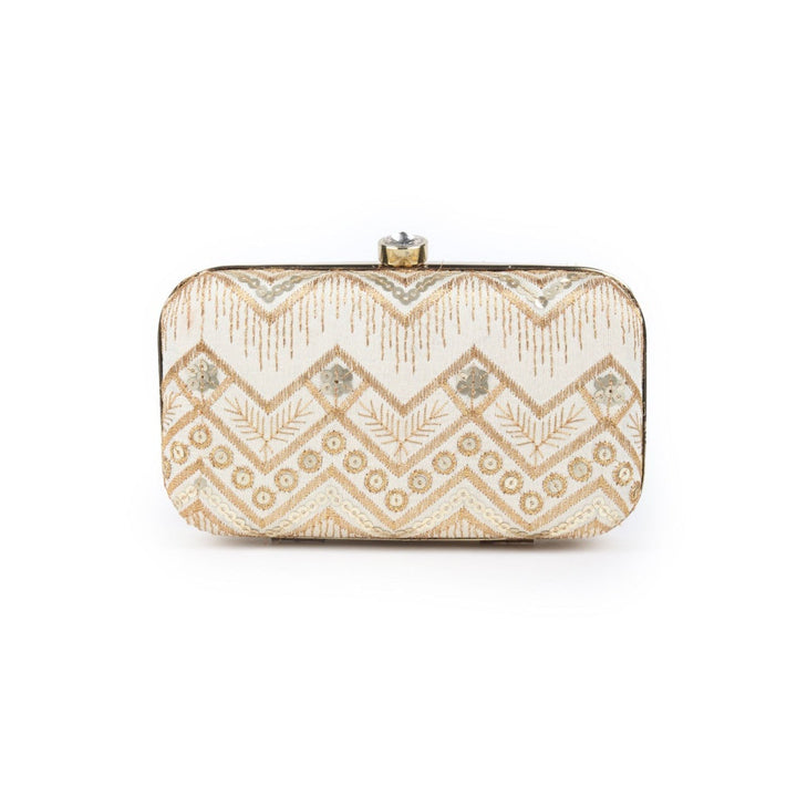 Odette Gold Embroidered Box Style Clutch with Detachable Sling for Women (Set of 2)