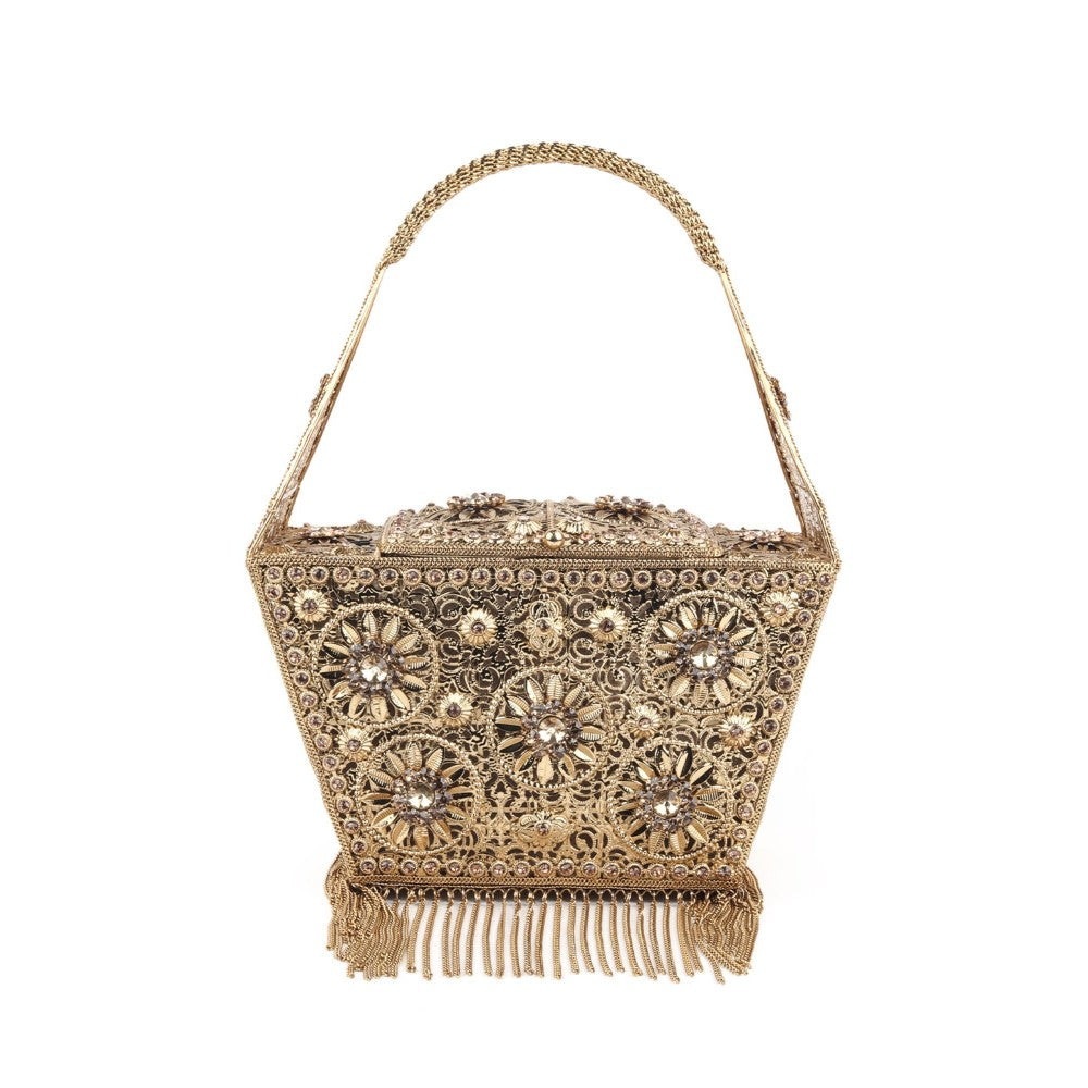 Odette Gold Embellished Metal Clutch for Women