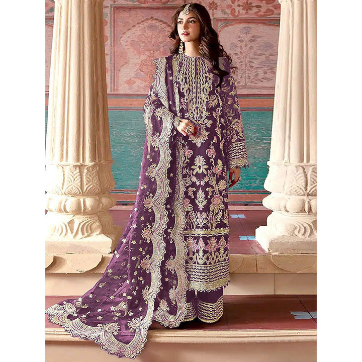 Odette Purple Embroidered Organza Semi Stitched Kurta with Pant & Dupatta (Set of 3)