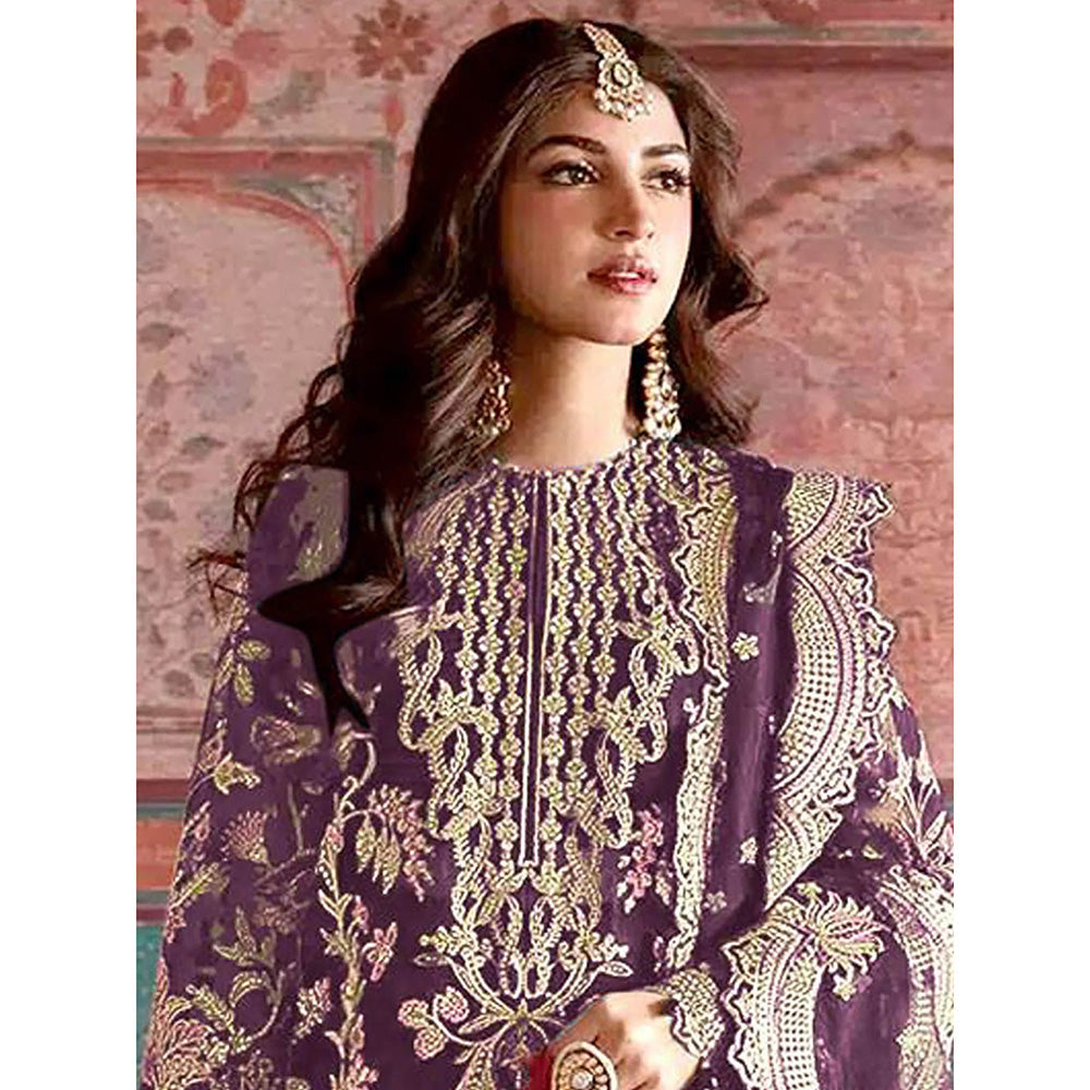 Odette Purple Embroidered Organza Semi Stitched Kurta with Pant & Dupatta (Set of 3)