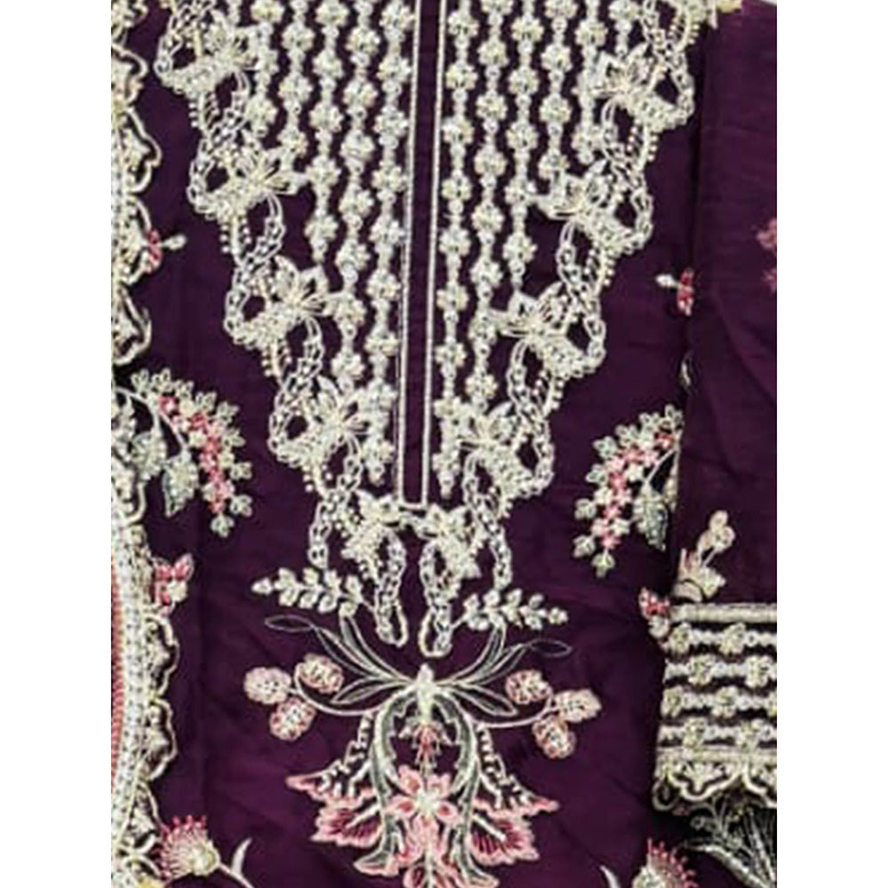 Odette Purple Embroidered Organza Semi Stitched Kurta with Pant & Dupatta (Set of 3)