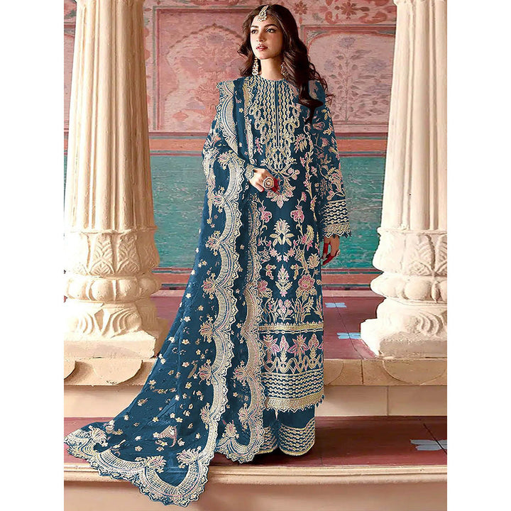 Odette Blue Embroidered Organza Semi Stitched Kurta with Pant & Dupatta (Set of 3)