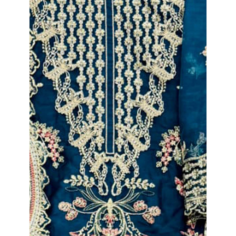 Odette Blue Embroidered Organza Semi Stitched Kurta with Pant & Dupatta (Set of 3)