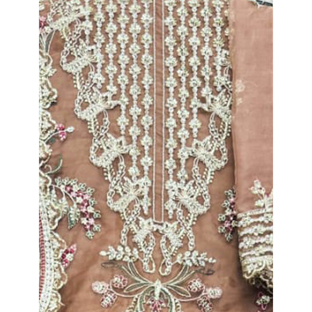 Odette Beige Embroidered Organza Semi Stitched Kurta with Pant & Dupatta (Set of 3)