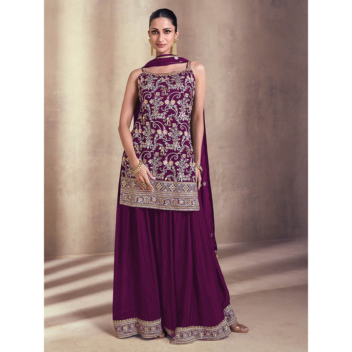 Odette Purple Embroidered Georgette Semi Stitched Kurta with Sharara & Dupatta (Set of 3)