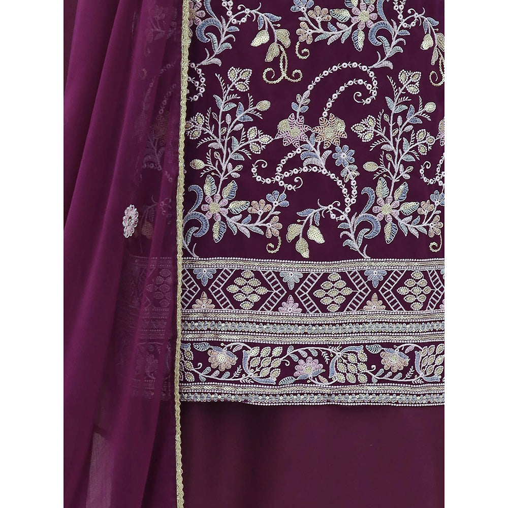 Odette Purple Embroidered Georgette Semi Stitched Kurta with Sharara & Dupatta (Set of 3)