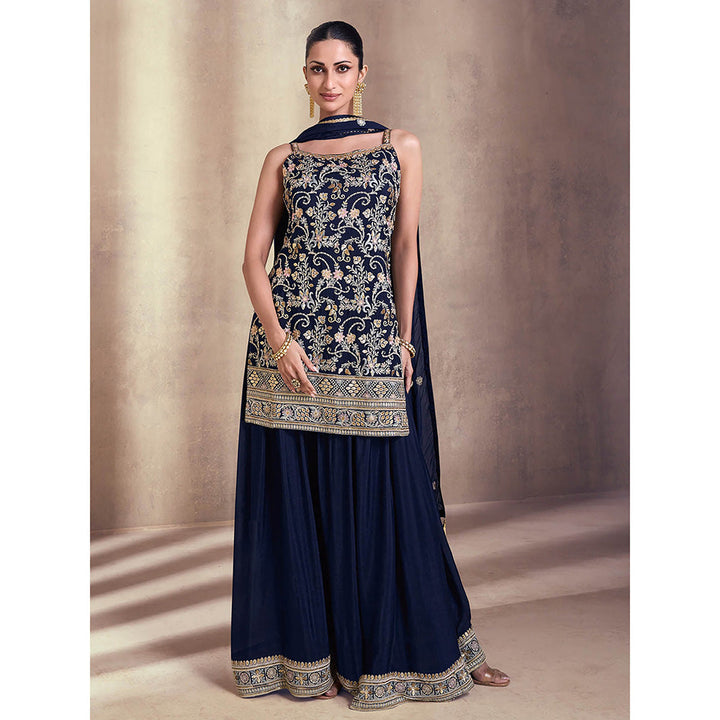 Odette Navy Blue Embroidered Georgette Semi Stitched Kurta with Sharara & Dupatta (Set of 3)