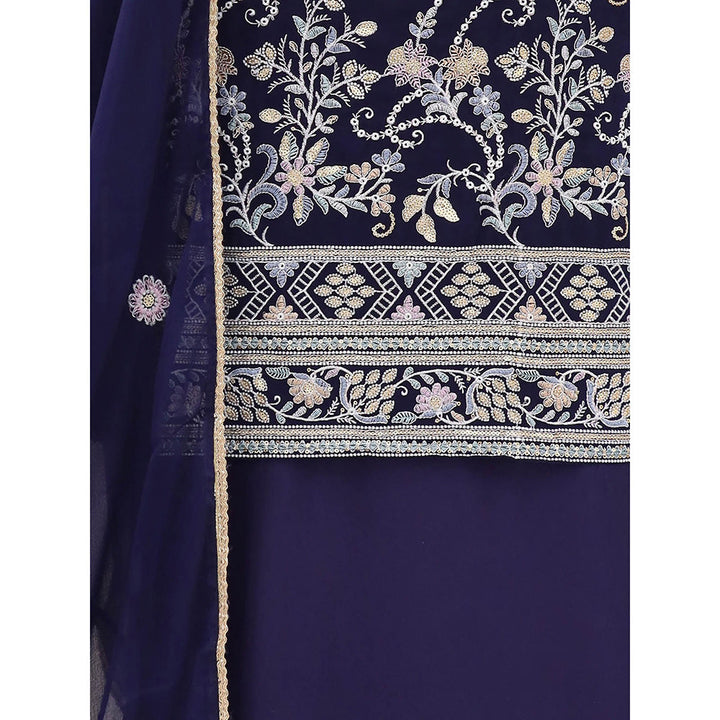 Odette Navy Blue Embroidered Georgette Semi Stitched Kurta with Sharara & Dupatta (Set of 3)