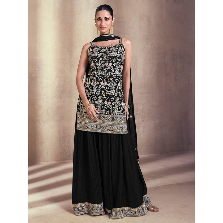 Odette Black Embroidered Georgette Semi Stitched Kurta with Sharara & Dupatta (Set of 3)