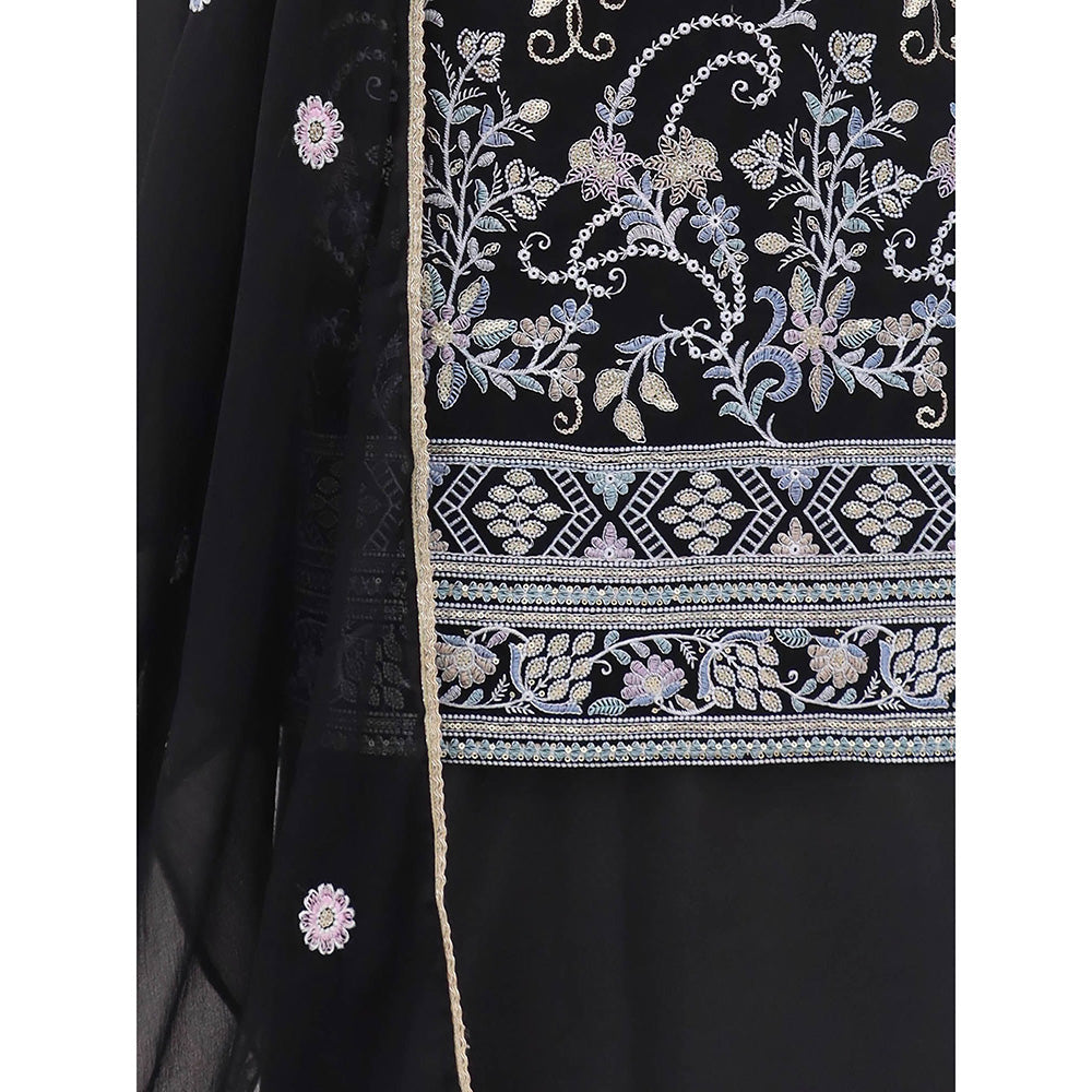 Odette Black Embroidered Georgette Semi Stitched Kurta with Sharara & Dupatta (Set of 3)