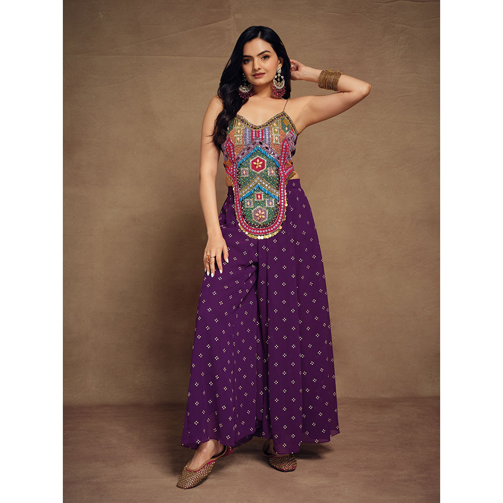 Odette Purple Art Silk Embroidered Stitched Indo Western Co-ord For Women (Set of 2)