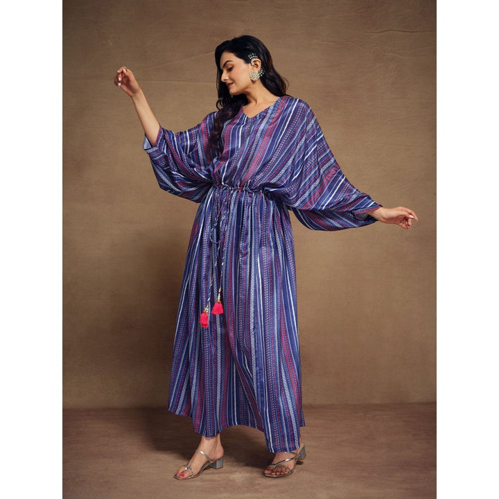 Odette Blue Art Silk Printed Stitched Kaftan For Women