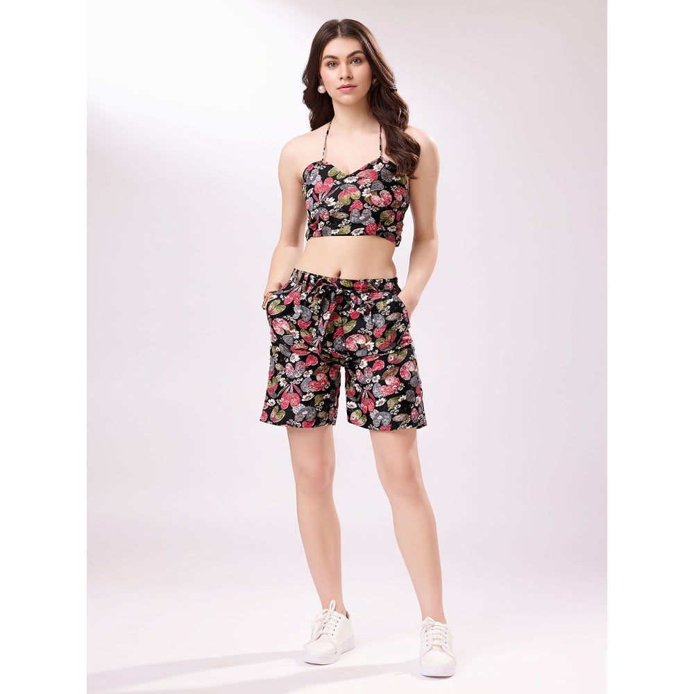 Odette Black Floral Cotton Blend Stitched Co-Ord for Women (Set of 4)