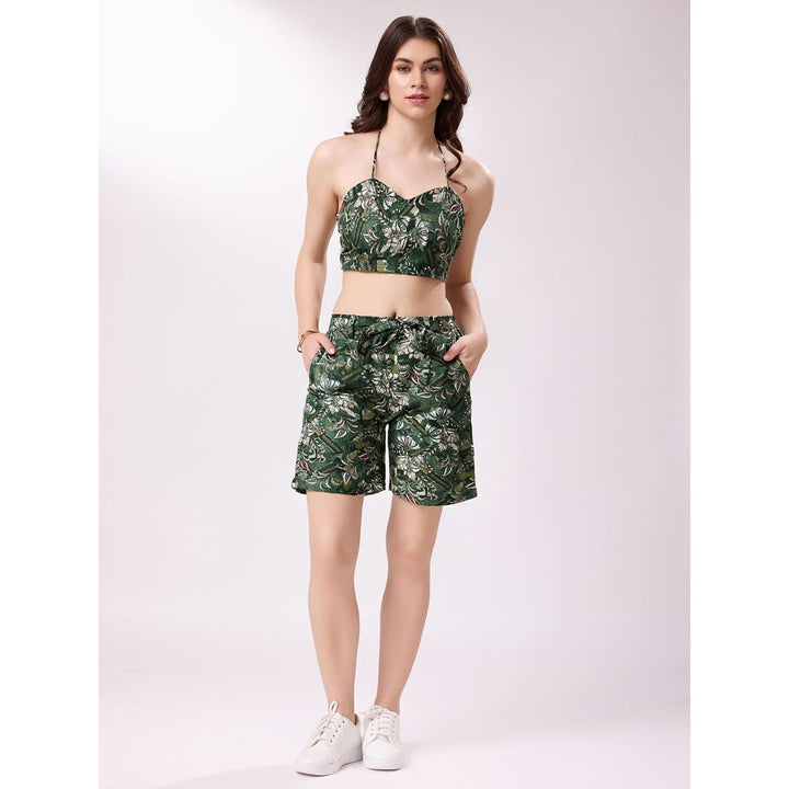 Odette Green Floral Cotton Blend Stitched Co-Ord for Women (Set of 4)