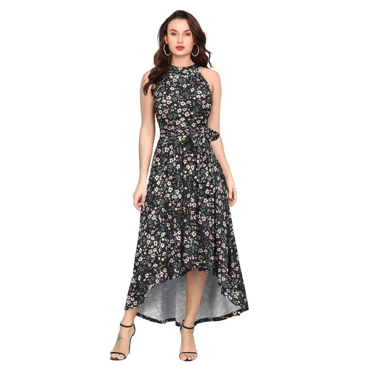 Odette Black Polyester A-Line Floral Printed Midi Dress with Belt (Set of 2)