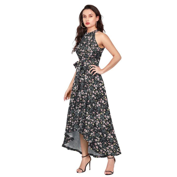 Odette Black Polyester A-Line Floral Printed Midi Dress with Belt (Set of 2)