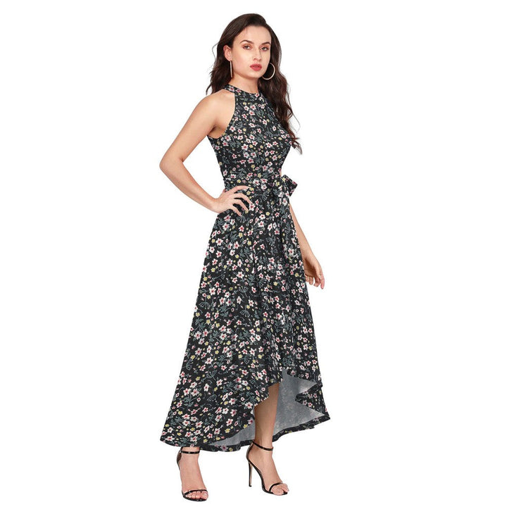 Odette Black Polyester A-Line Floral Printed Midi Dress with Belt (Set of 2)