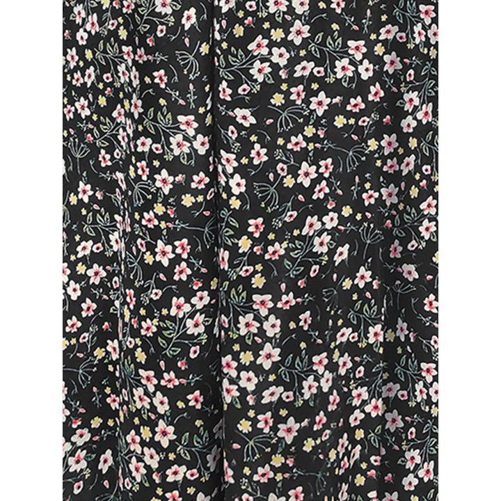 Odette Black Polyester A-Line Floral Printed Midi Dress with Belt (Set of 2)