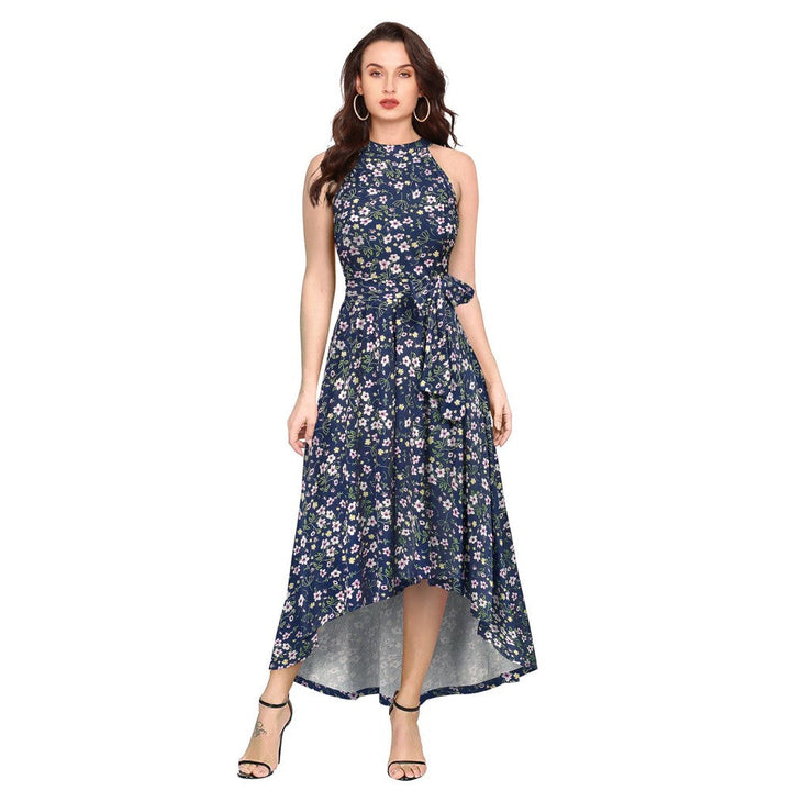 Odette Navy Blue Polyester A-Line Floral Printed Midi Dress with Belt (Set of 2)