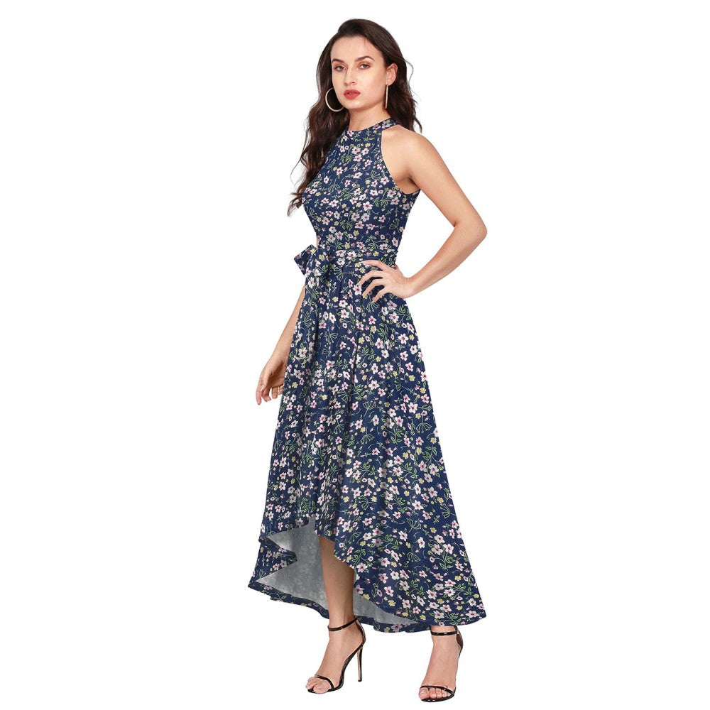 Odette Navy Blue Polyester A-Line Floral Printed Midi Dress with Belt (Set of 2)