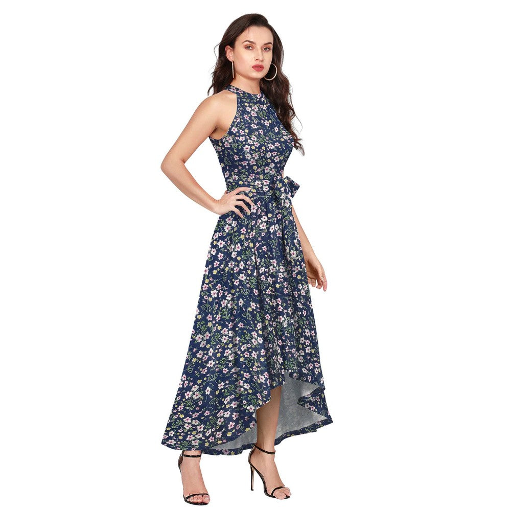 Odette Navy Blue Polyester A-Line Floral Printed Midi Dress with Belt (Set of 2)