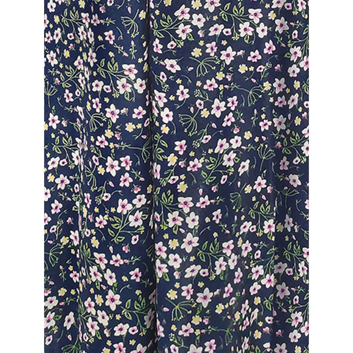 Odette Navy Blue Polyester A-Line Floral Printed Midi Dress with Belt (Set of 2)