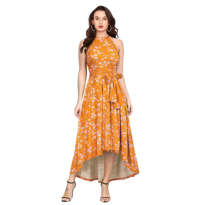 Odette Orange Polyester A-Line Floral Printed Midi Dress with Belt (Set of 2)