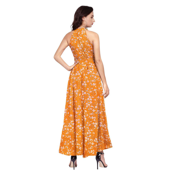 Odette Orange Polyester A-Line Floral Printed Midi Dress with Belt (Set of 2)