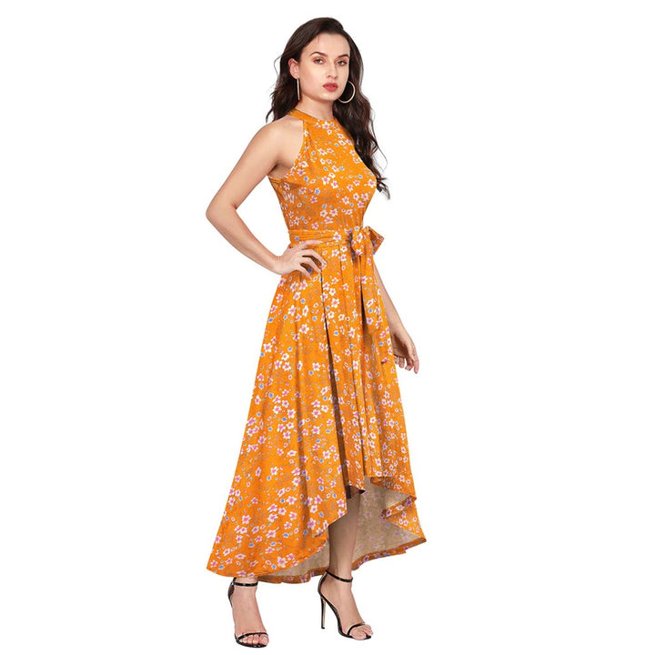 Odette Orange Polyester A-Line Floral Printed Midi Dress with Belt (Set of 2)