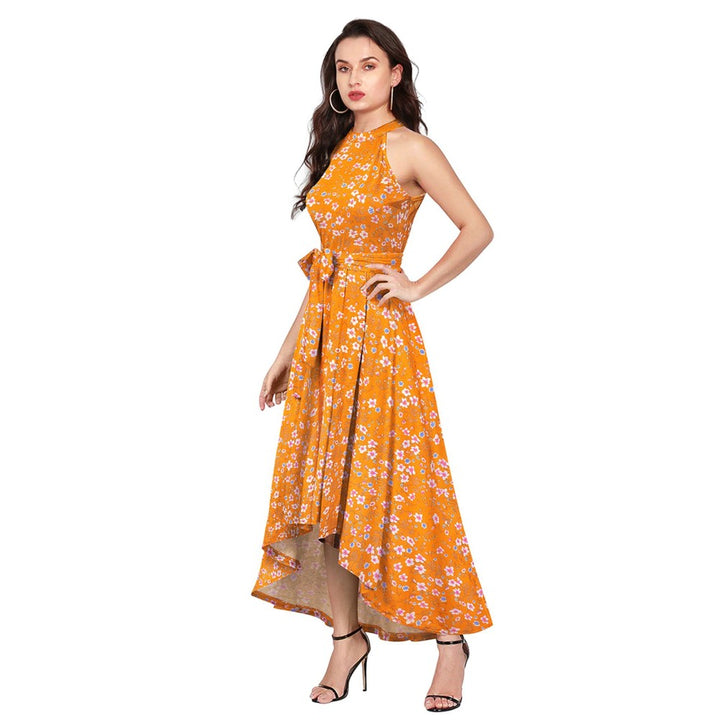 Odette Orange Polyester A-Line Floral Printed Midi Dress with Belt (Set of 2)