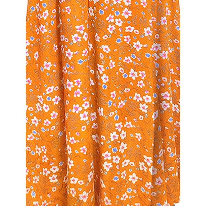 Odette Orange Polyester A-Line Floral Printed Midi Dress with Belt (Set of 2)