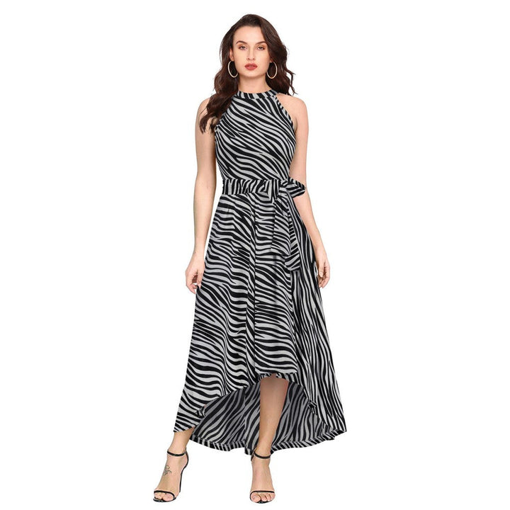 Odette Grey Polyester A-Line Animal Print Midi Dress with Belt (Set of 2)