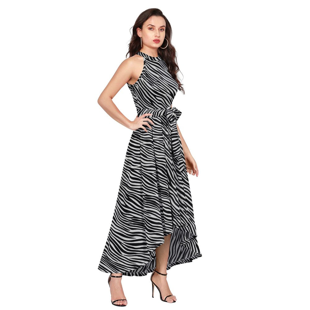 Odette Grey Polyester A-Line Animal Print Midi Dress with Belt (Set of 2)