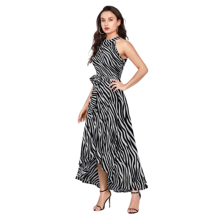 Odette Grey Polyester A-Line Animal Print Midi Dress with Belt (Set of 2)