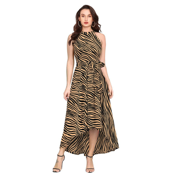 Odette Brown Polyester A-Line Animal Print Midi Dress with Belt (Set of 2)