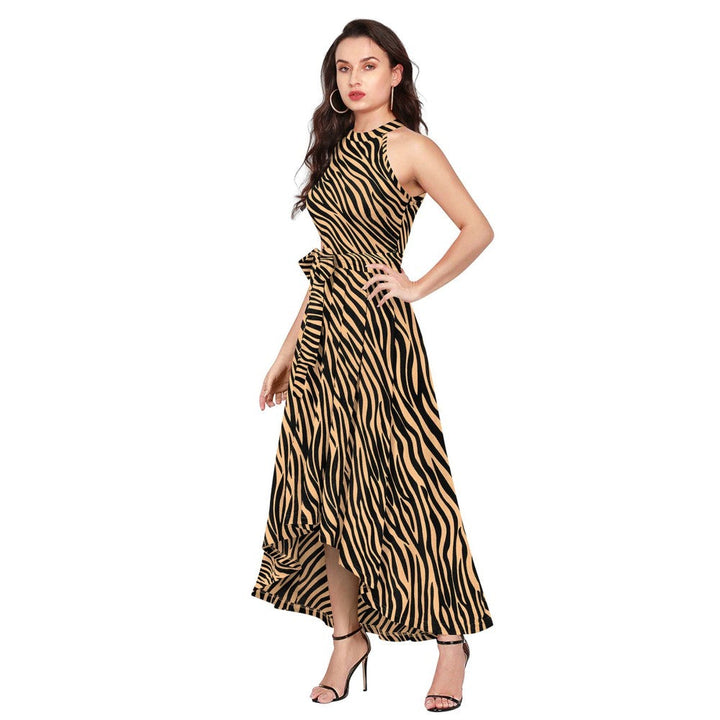 Odette Brown Polyester A-Line Animal Print Midi Dress with Belt (Set of 2)