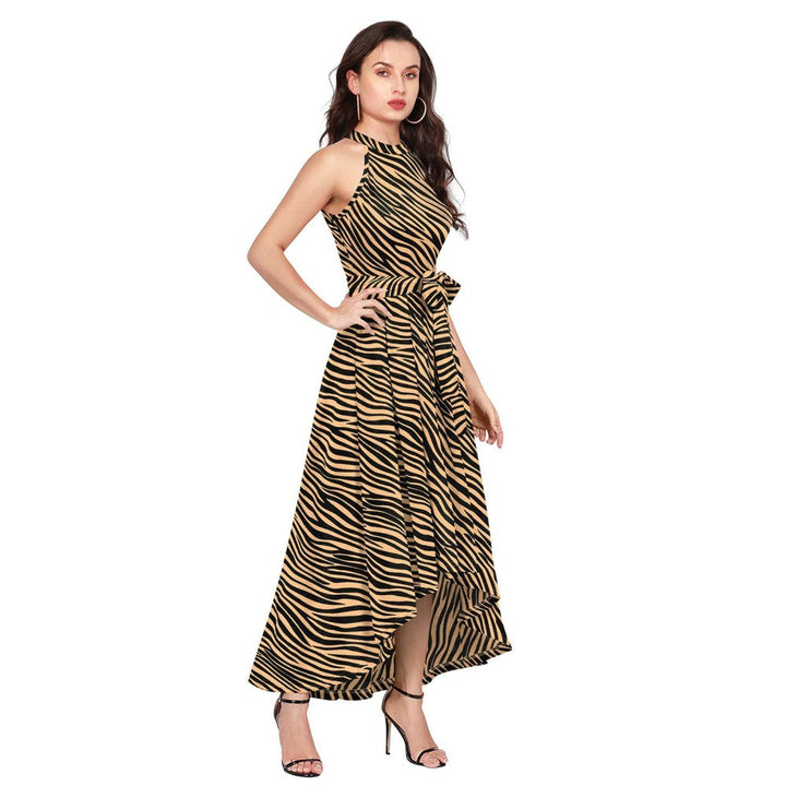 Odette Brown Polyester A-Line Animal Print Midi Dress with Belt (Set of 2)