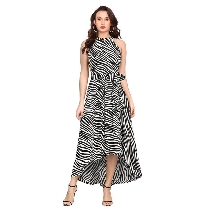 Odette White Polyester A-Line Animal Print Midi Dress with Belt (Set of 2)