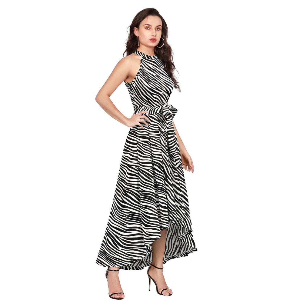 Odette White Polyester A-Line Animal Print Midi Dress with Belt (Set of 2)